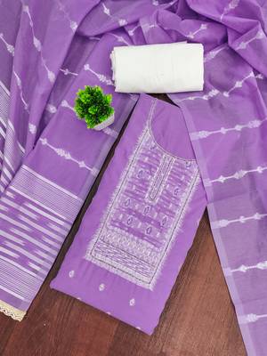 Lavender cotton silk embellished unstitched dress material 1