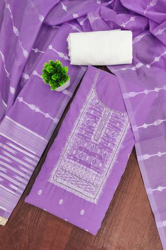 Lavender cotton silk embellished unstitched dress material