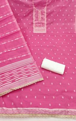 Pink cotton silk embellished unstitched dress material 3