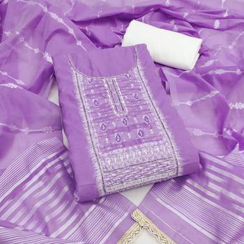 Lavender cotton silk embellished unstitched dress material 2