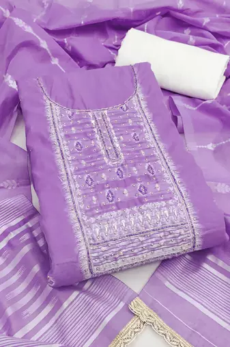 Lavender cotton silk embellished unstitched dress material