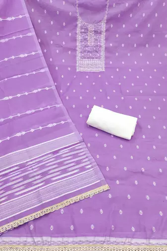Lavender cotton silk embellished unstitched dress material