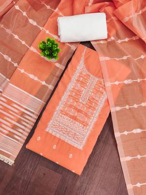 Orange cotton silk embellished unstitched dress material 1