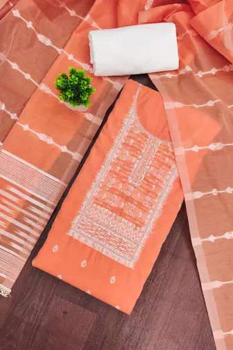 Orange cotton silk embellished unstitched dress material