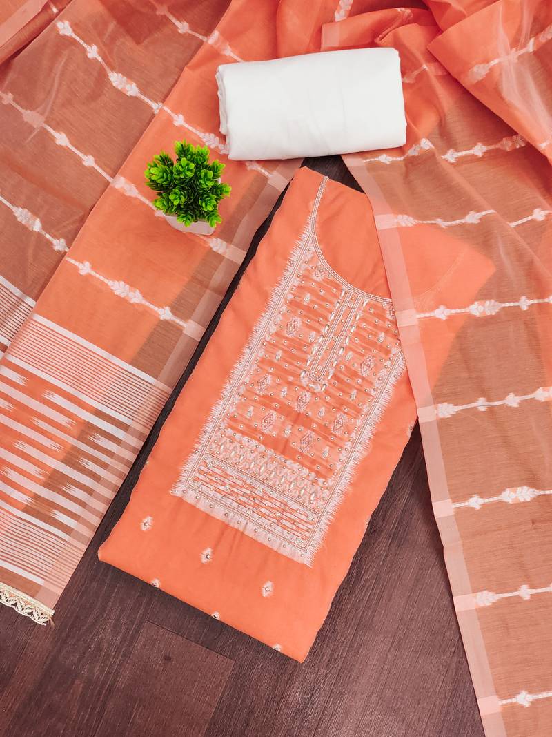 Orange cotton silk embellished unstitched dress material