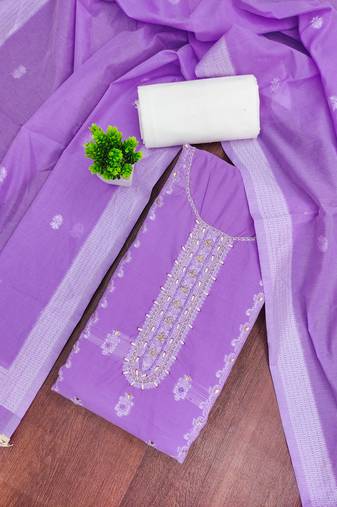 Lavender cotton silk embellished unstitched dress material
