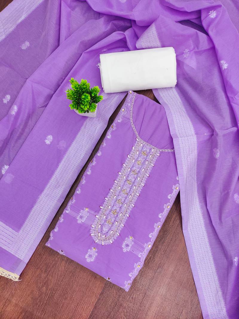 Lavender cotton silk embellished unstitched dress material