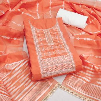 Orange cotton silk embellished unstitched dress material 2
