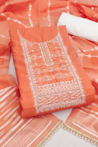 Orange cotton silk embellished unstitched dress material