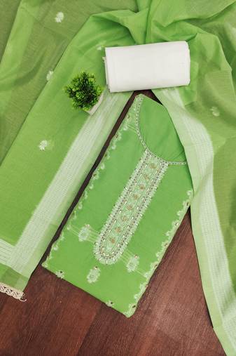 Green cotton silk embellished unstitched dress material