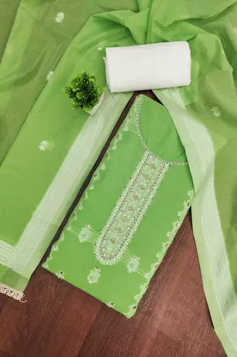 Green cotton silk embellished unstitched dress material