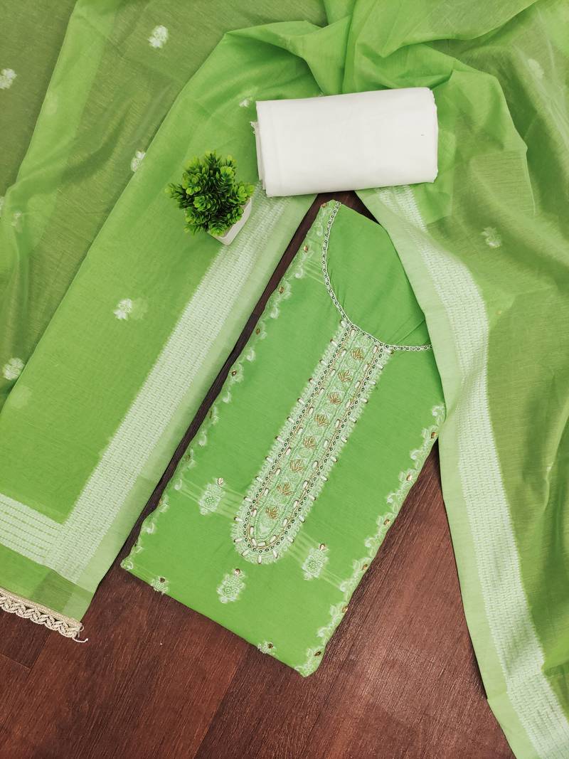 Green cotton silk embellished unstitched dress material