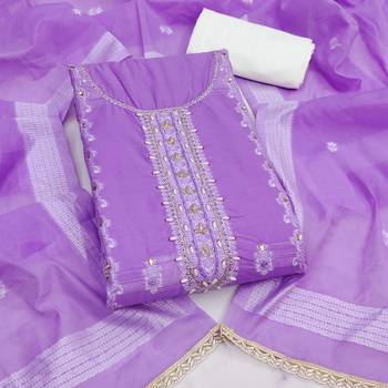 Lavender cotton silk embellished unstitched dress material 2