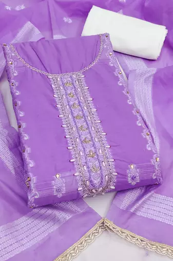 Lavender cotton silk embellished unstitched dress material