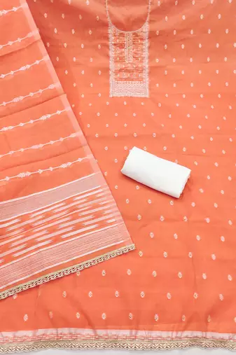 Orange cotton silk embellished unstitched dress material