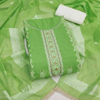 Green cotton silk embellished unstitched dress material 2