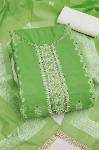 Green cotton silk embellished unstitched dress material
