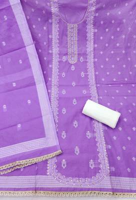 Lavender cotton silk embellished unstitched dress material 3