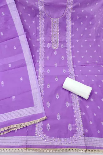 Lavender cotton silk embellished unstitched dress material