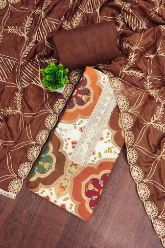 Brown cotton silk printed unstitched dress material