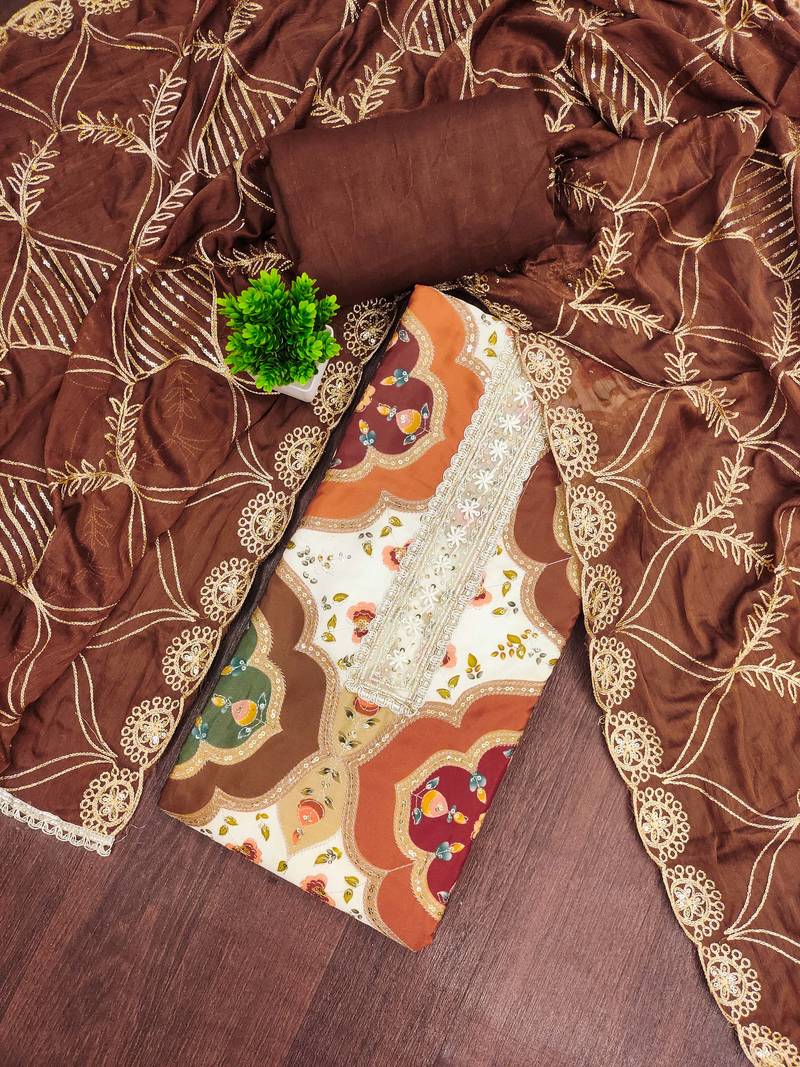 Brown cotton silk printed unstitched dress material