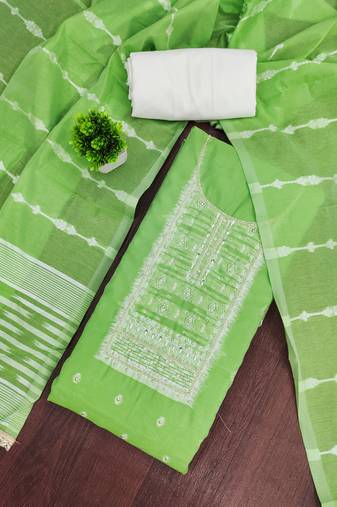 Green cotton silk embellished unstitched dress material
