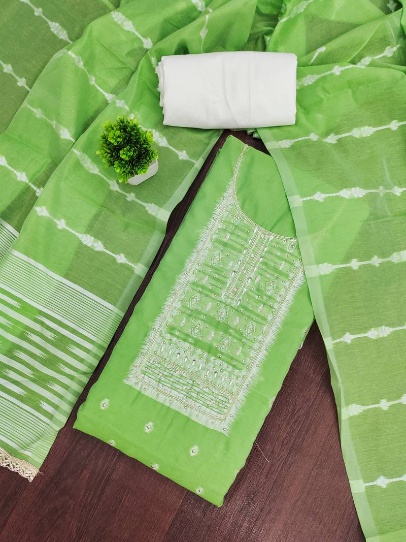 Green cotton silk embellished unstitched dress material