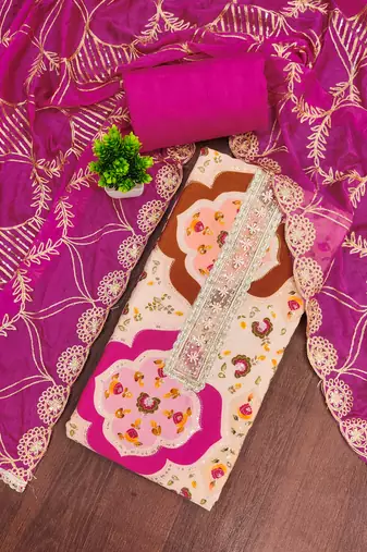 Beige cotton silk printed unstitched dress material