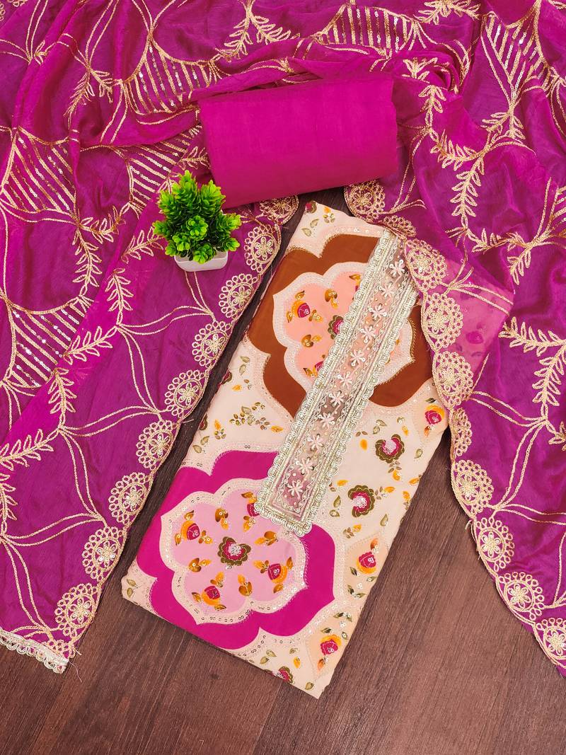 Beige cotton silk printed unstitched dress material