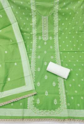 Green cotton silk embellished unstitched dress material 3