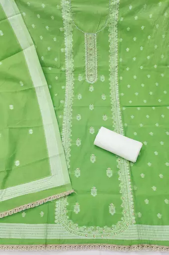 Green cotton silk embellished unstitched dress material