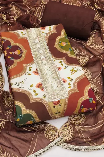 Brown cotton silk printed unstitched dress material