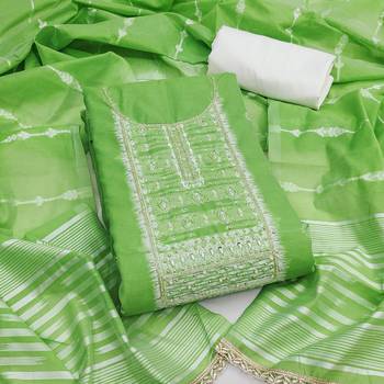 Green cotton silk embellished unstitched dress material 2