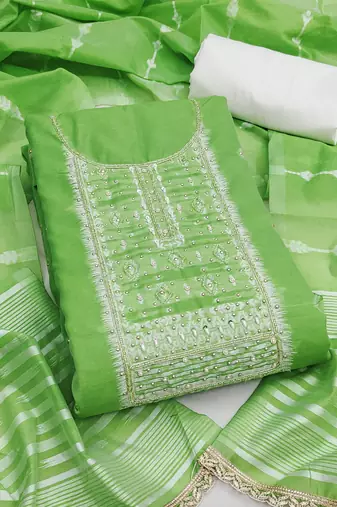 Green cotton silk embellished unstitched dress material