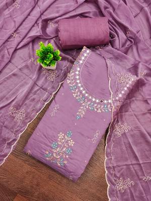 Purple cotton silk embroidered unstitched dress material 1