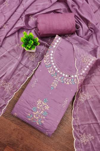Purple cotton silk embroidered unstitched dress material