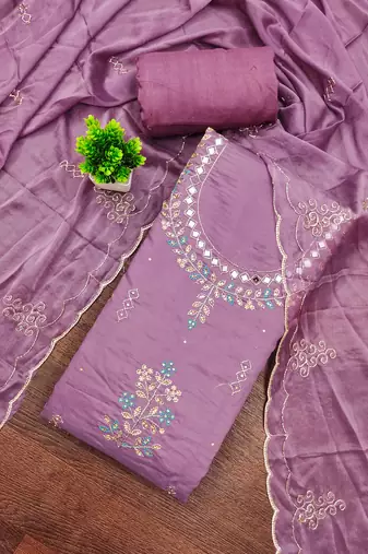 Purple cotton silk embroidered unstitched dress material