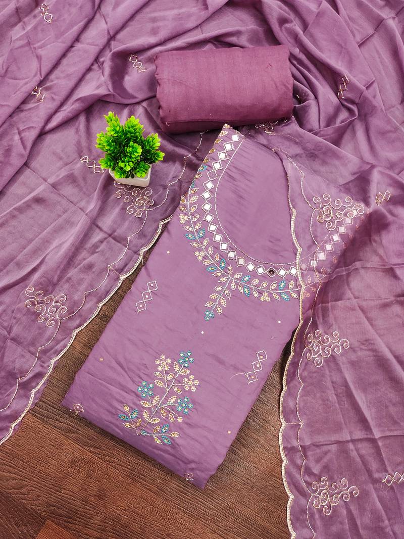 Purple cotton silk embroidered unstitched dress material