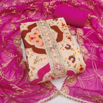 Beige cotton silk printed unstitched dress material 2