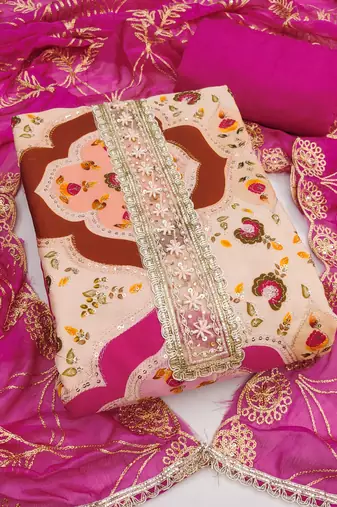 Beige cotton silk printed unstitched dress material