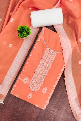 Orange cotton silk embellished unstitched dress material