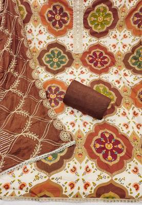 Brown cotton silk printed unstitched dress material 3