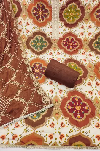 Brown cotton silk printed unstitched dress material