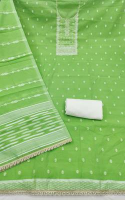 Green cotton silk embellished unstitched dress material 3