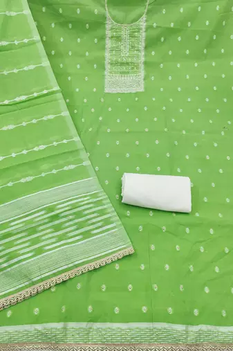Green cotton silk embellished unstitched dress material