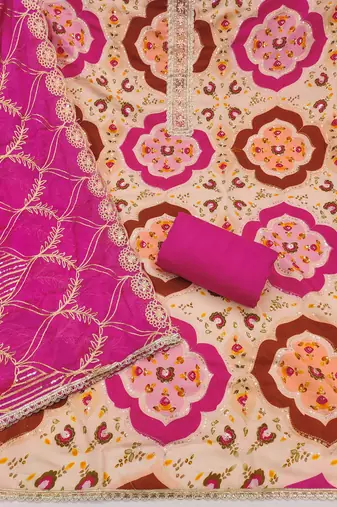 Beige cotton silk printed unstitched dress material