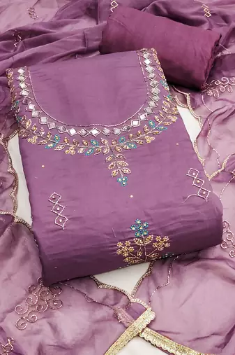 Purple cotton silk embroidered unstitched dress material