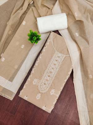 Beige cotton silk embellished unstitched dress material 1