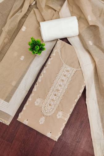 Beige cotton silk embellished unstitched dress material