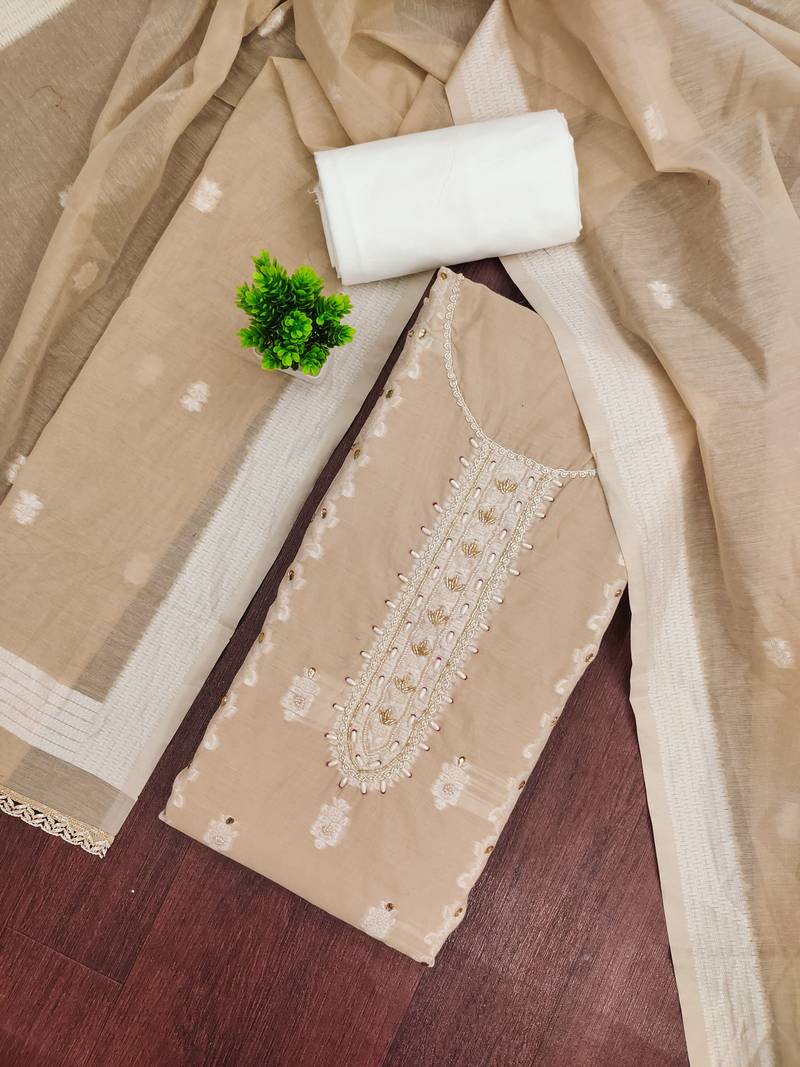 Beige cotton silk embellished unstitched dress material